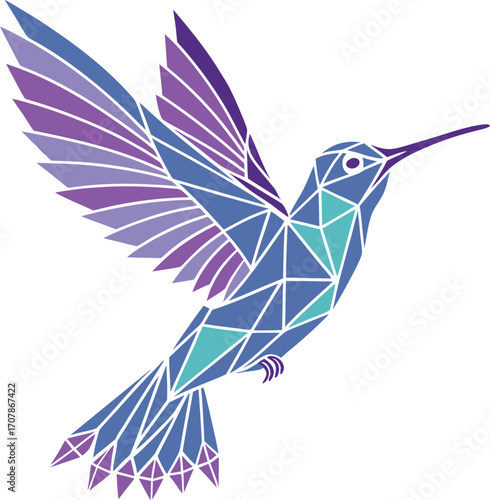 A vibrant geometric hummingbird design with polygon shapes in purple, blue, and teal. Symbol of joy, freedom, and beauty. Perfect for art, decor, fashion, and tattoos.