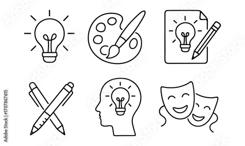 Creative doodle collection with light bulb, palette, and pencil icons for design inspiration