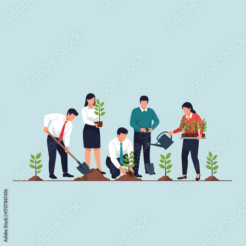 Business professionals planting trees and nurturing growth together.