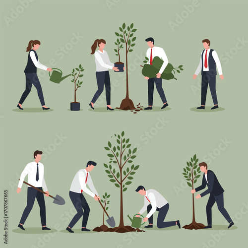 Business professionals planting trees and watering saplings.