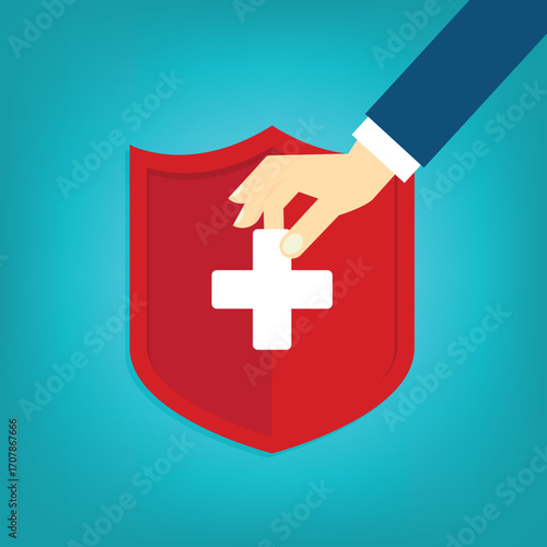 Medical healthcare insurance. Red shield on patient protection policy and pen. Medicine symbol. Vector illustration	