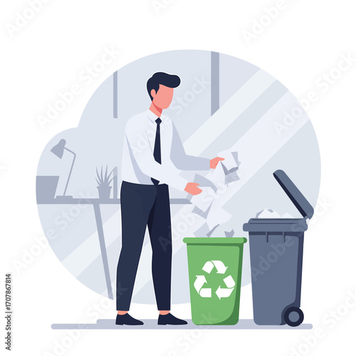 Businessman discarding crumpled paper into recycling bin.