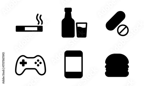 Addictions icon set for awareness campaigns and health education