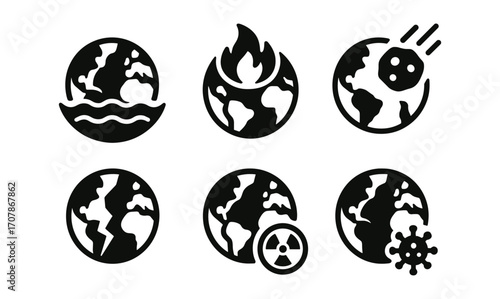Global catastrophe icons set featuring fire, meteor impact, earthquakes, radiation, and pandemic for emergency awareness design