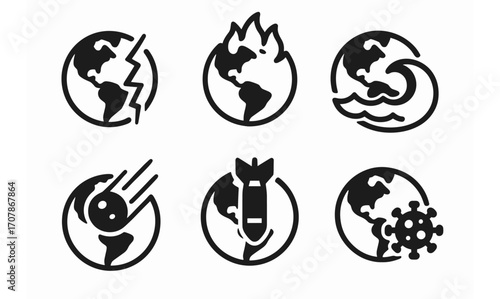 Global catastrophe icons set for environmental awareness design featuring earthquake, fire, flood, asteroid, war, and pandemic
