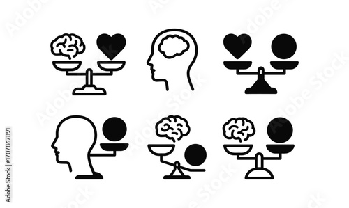 Mental health balance icons collection - mind and heart harmony for wellness design