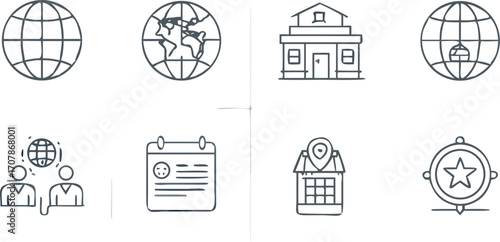 Vector illustration with globes, building, people, calendar and star in a circle in a line drawing style set up