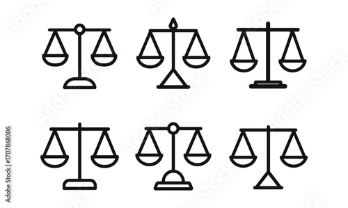 Collection of minimalist balance scale variations for legal and design use