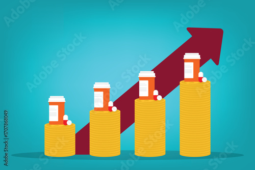 Medicine price. Rising medicine prices. Vector illustration.	