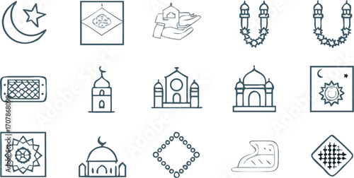 Vector illustration showcasing various islamic symbols including mosques crescent moon and star prayer beads and more