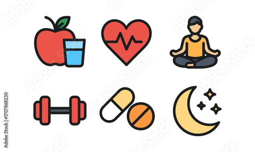Comprehensive health icon set featuring fitness, nutrition, and wellness concepts for versatile design applications