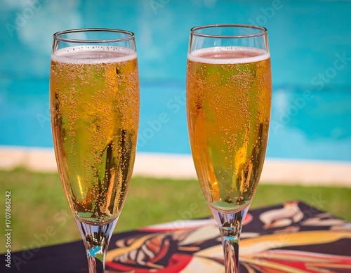 Two champagne flutes filled with bubbly drink, near a pool