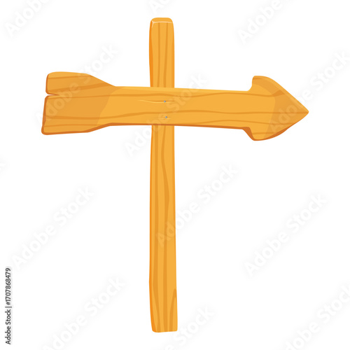 Wooden signpost arrow. Blank plywood signboard with timber texture, directional pointer on a road