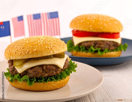 Two cheeseburgers on plates, American flags in background