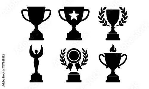 Silhouette trophy collection featuring awards and laurels for achievement recognition in vector design