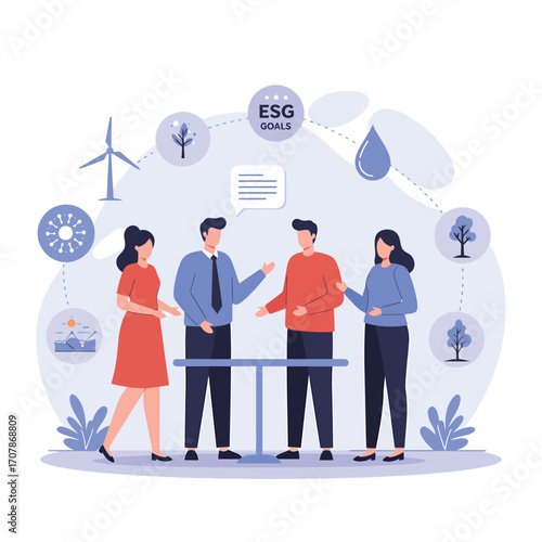 Diverse team discusses ESG goals with environmental icons.