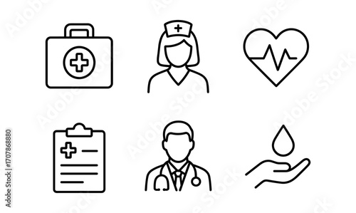 Comprehensive healthcare icon set featuring medical professionals, heartbeat, and first aid elements for design projects
