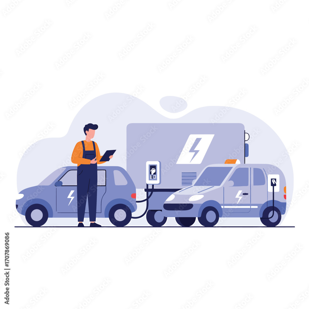 Fototapeta premium Electric cars charging at a station with a technician.