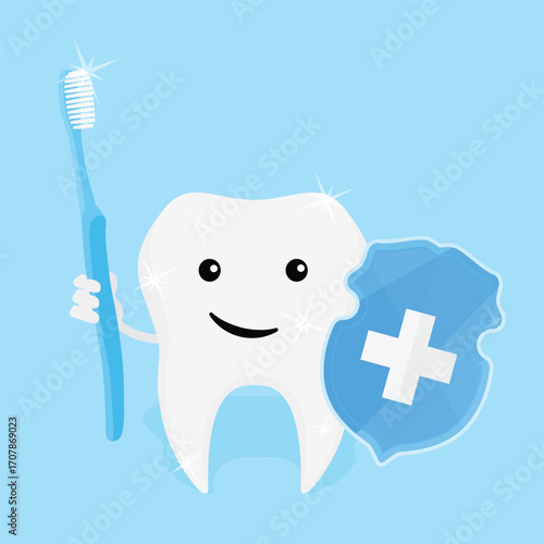 Cute cartoon tooth character with toothbrush and shield with cross