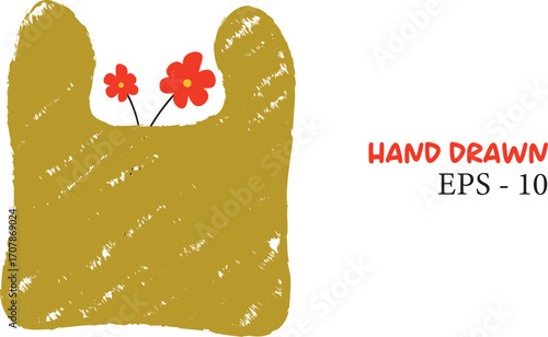 Hand drawn golden shopping bag with red flowers illustration vector Handmade Hand Drawn