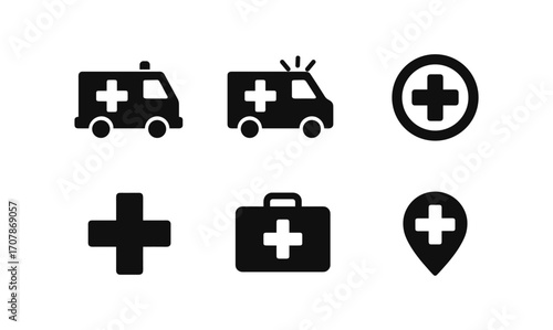 Minimalist ambulance icon set for medical and emergency use in design projects