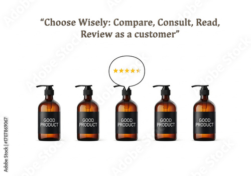 Choose Wisely: Customer Reviews and Product Comparison Concept - Showing identical labeled bottles, emphasizing customer reviews, ratings, and informed decision-making when choosing wisely.