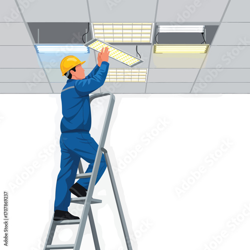 Electrician in blue uniform replacing ceiling light fixture on ladder.