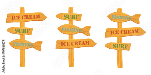 Set, collection of beach wooden signposts. Beach wooden signpost with arrows pointing to ice cream, fishing and surf.