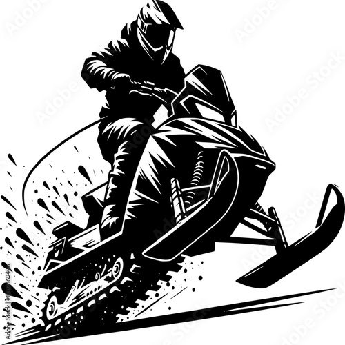 Winter Rider Unleashed: A dynamic illustration showcasing the thrill of winter sports, a solitary figure fearlessly maneuvers a snowmobile through a snowy landscape, embodying adventure and speed.