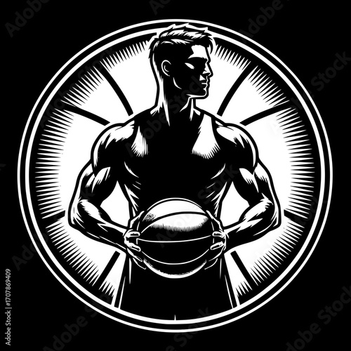Basketball Player Silhouette: A dynamic graphic of a muscular basketball player, poised with the ball. The player is encased within a circular design, perfect for sports-themed visuals. 