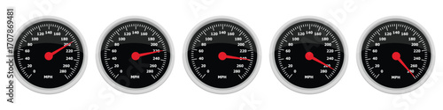 Set of a round car dashboard speedometers. Speedometer needle points from 200 mph to 280 mph