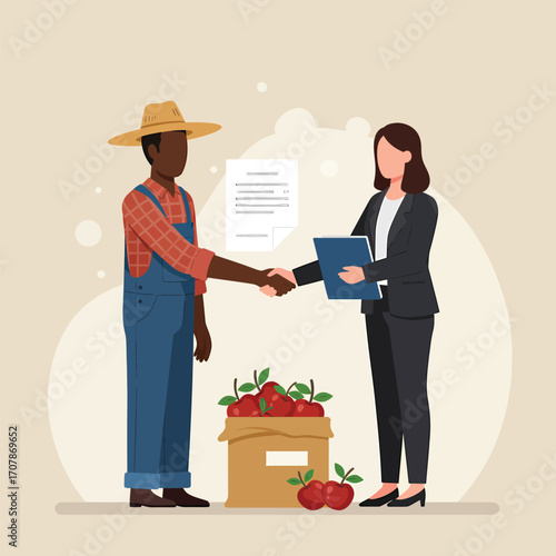 Farmer and Businesswoman Shaking Hands Over Apple Deal.