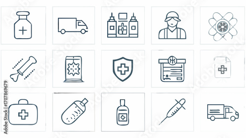 Vector a collection of medical themed icons including a bottle truck buildings worker flower bone shield and more