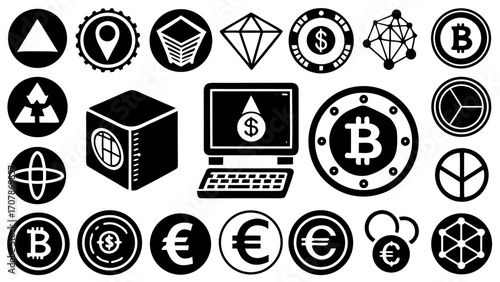 Vector illustration of various financial and technological icons including bitcoin euro and computer symbols and more