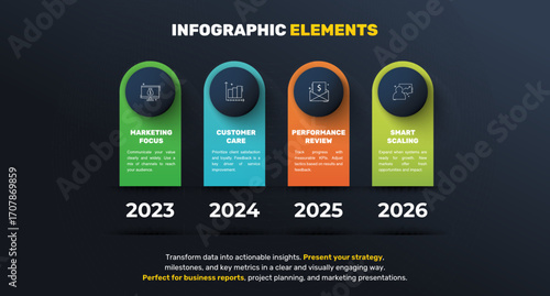 Business vector infographics with 4 circles and labels. Timeline visualization with four steps for diagram, flowchart, banner, presentations, web, content, levels, chart, graphic