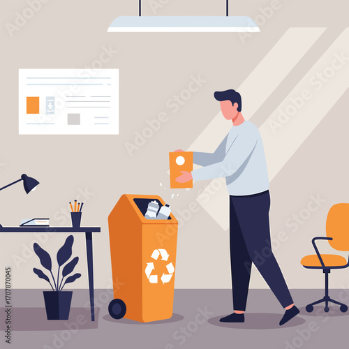 Man recycling plastic bottles in an office environment.