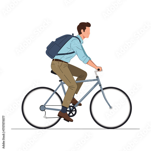 Man riding a bicycle with a backpack.