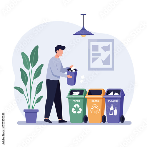 Man sorting waste into recycling bins for paper glass and plastic.