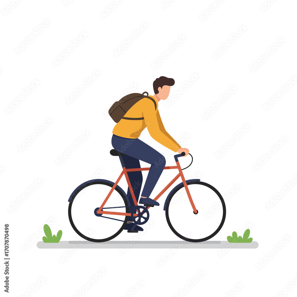 Fototapeta premium Man with backpack riding a bicycle outdoors.