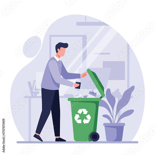 Man throwing trash into a green recycling bin with a plant nearby.