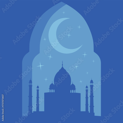 Ramadan Kareem poster, card, holiday cover with mosque and moon crescent