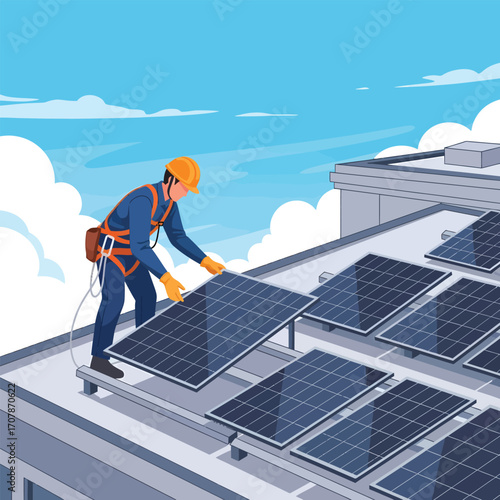 Rooftop solar panel installation by worker in safety harness.
