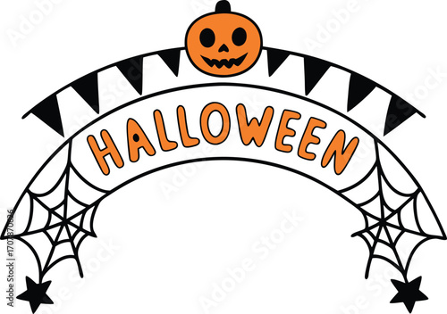 Vector art of halloween archway with pumpkin and spiderwebs