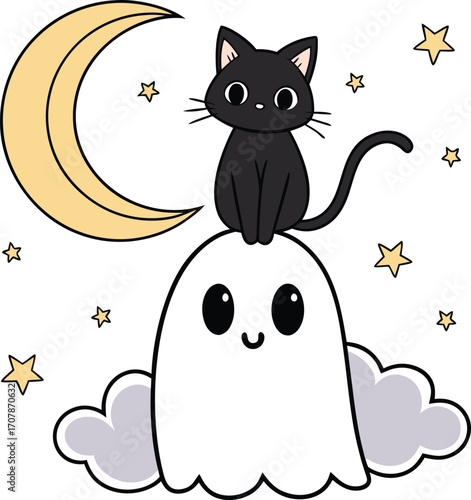 Vector art of cute cartoon black cat sitting on a friendly ghost with a crescent moon and stars in the background
