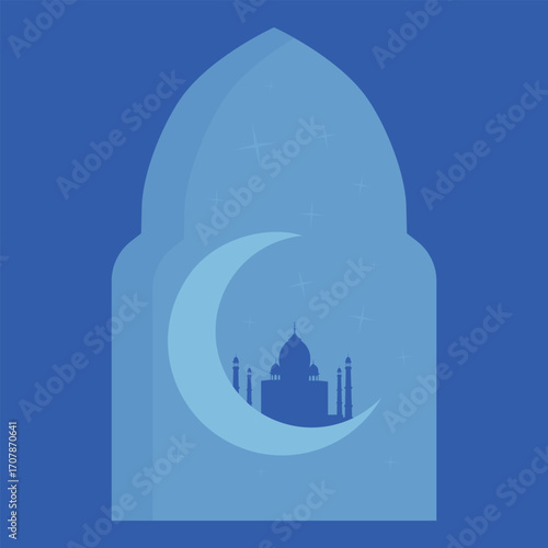 Ramadan Kareem poster, card, holiday cover with mosque and moon crescent