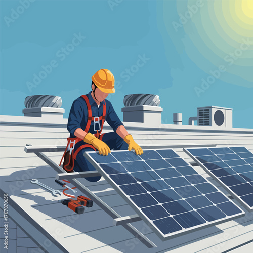 Rooftop solar panel installation by worker in safety gear.