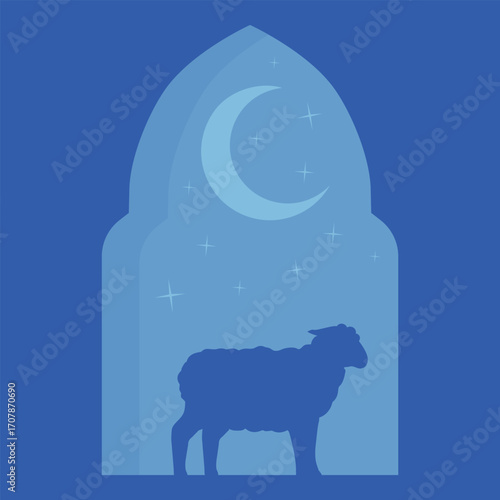 Eid al Adha poster, card, holiday cover with sheep and moon crescent