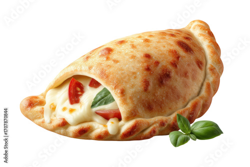 Delicious cheese and tomato calzone with basil leaves on black background, cut out