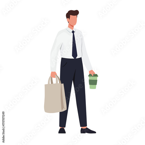 A man in business attire holding a shopping bag and a coffee cup.