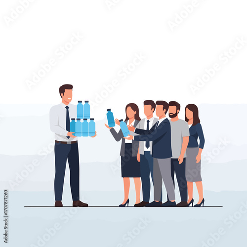 Business people receiving bottled water from a distributor.